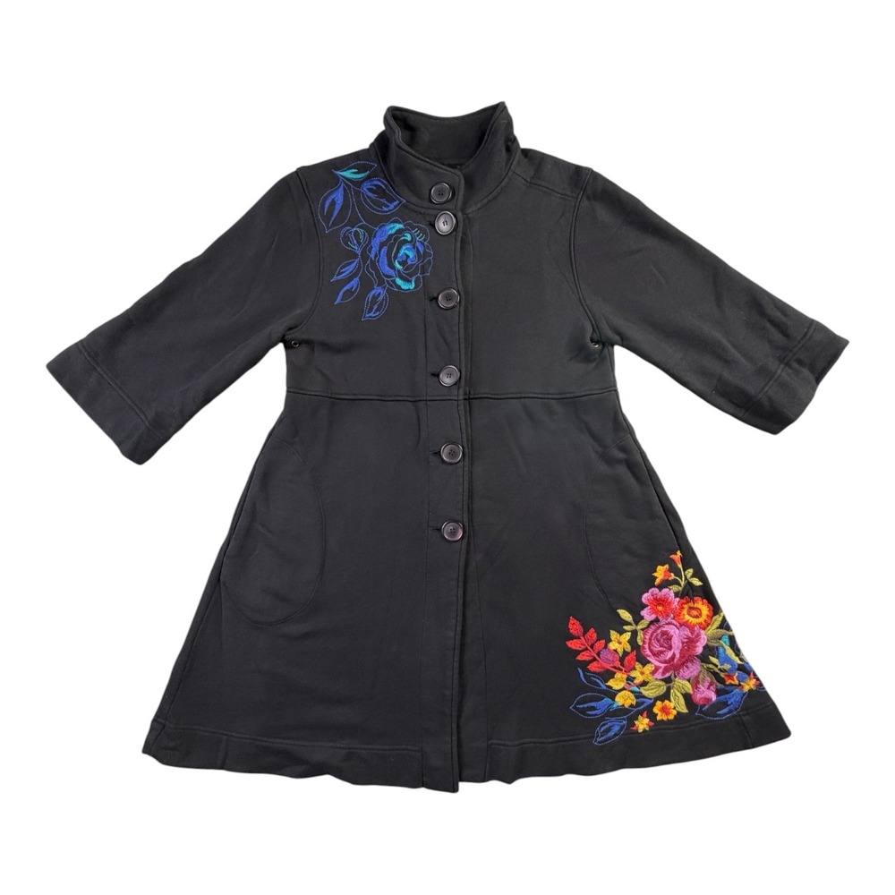 Johnny Was Los Angeles Boho French Terry Knit Coat L Black Embroidered Floral JW